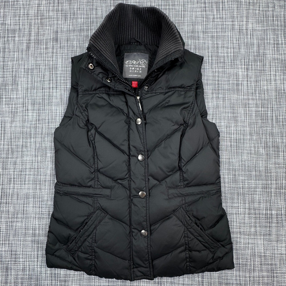 Esprit Womens US 4 Puffer Vest Black Down Feather Fill Ribbed Collar Quilted